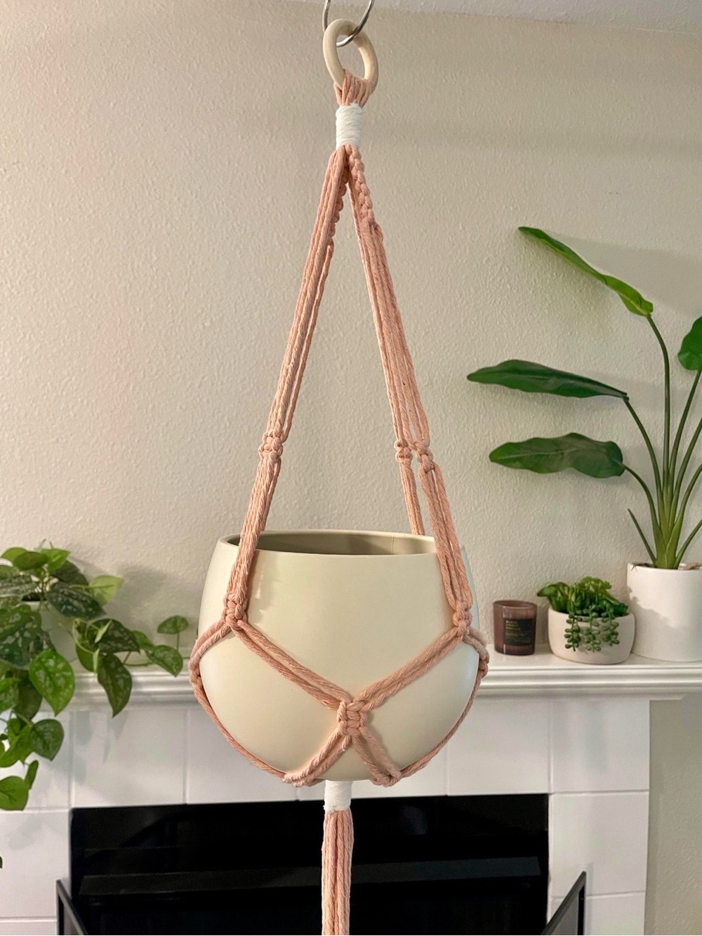 Handmade Macramé Plant Hanger | Blush Pink Cotton | Boho Hanging Planter